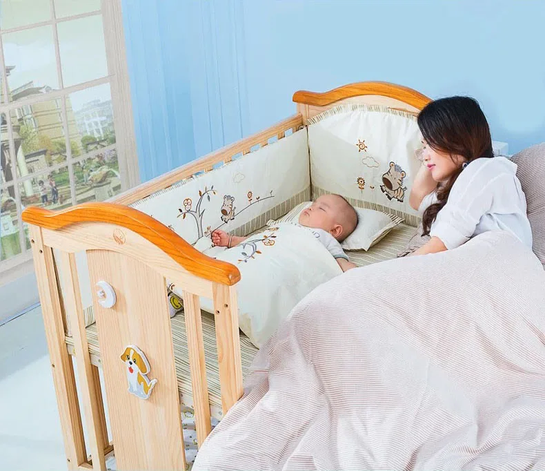 Multi Function Baby Bed Crib Attaches Adult Bed Solid Wood Baby