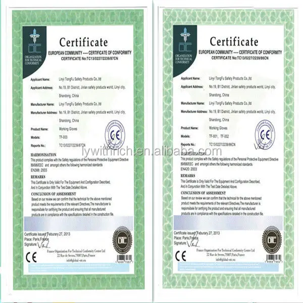 CE CERTIFICATE--EN388 and EN420