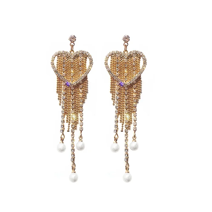 925 silver pin heart shaped crystal gold earrings long chandelier tassel earrings long chain pearl pendant drop earrings, Picture
925 silver pin heart shaped crystal gold earrings long chandelier tassel earrings long chain pearl pendant drop earrings, Picture