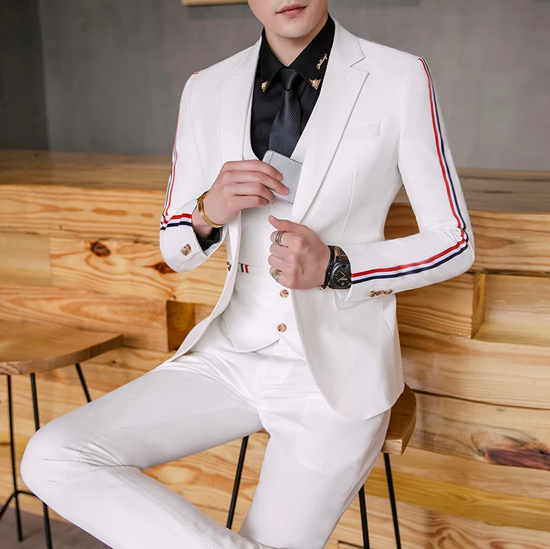 Fashion Design White Suits Set For Men 3 Piece Red and blue two bars High Quality All years ZYL53
Fashion Design White Suits Set For Men 3 Piece Red and blue two bars High Quality All years ZYL53
