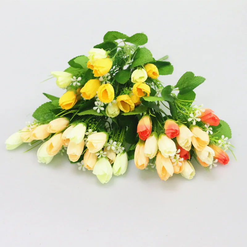 Flone 15 Heads Mini Artificial Tulips Bouquet Silk flower DIY Wedding Home Decorative Wreath Fake Decorative Florals (8)