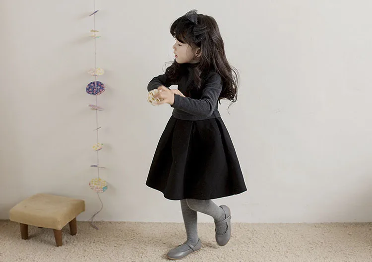 fleece winter dress for girl kids black grey patchwork warm thick children clothes girl teenage dresses winter 2017 ball gown (4)