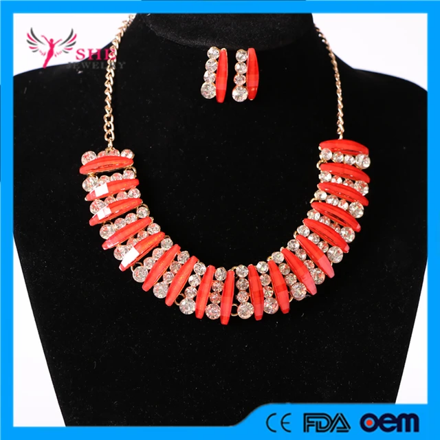 she teeth shape red color crystal pearl necklace&earrings