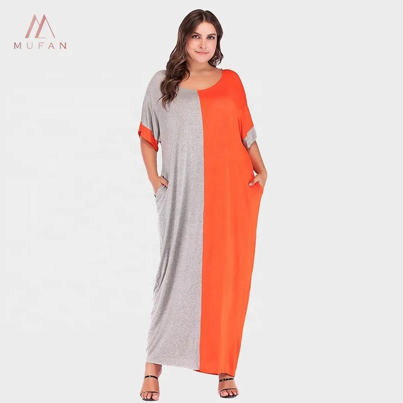 Women plus size knit maxi dress patch stitching design with pockets wholesale, Grey and orange
Women plus size knit maxi dress patch stitching design with pockets wholesale, Grey and orange