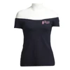 American Style Women Black Cotton Sexy Trendy Off Shoulder Modal T Shirts With Embroidery
