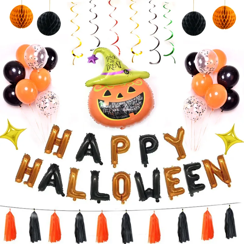 halloween party set happy halloween banner pumpkin foil balloons