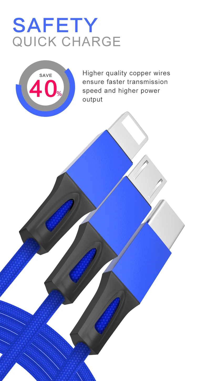 Nylon braided 3ft 6ft 10ft usb 3.0 charger cable micro usb 8pin type C fast charging data cable 3 in 1 fast charger nylon - ANKUX.COM