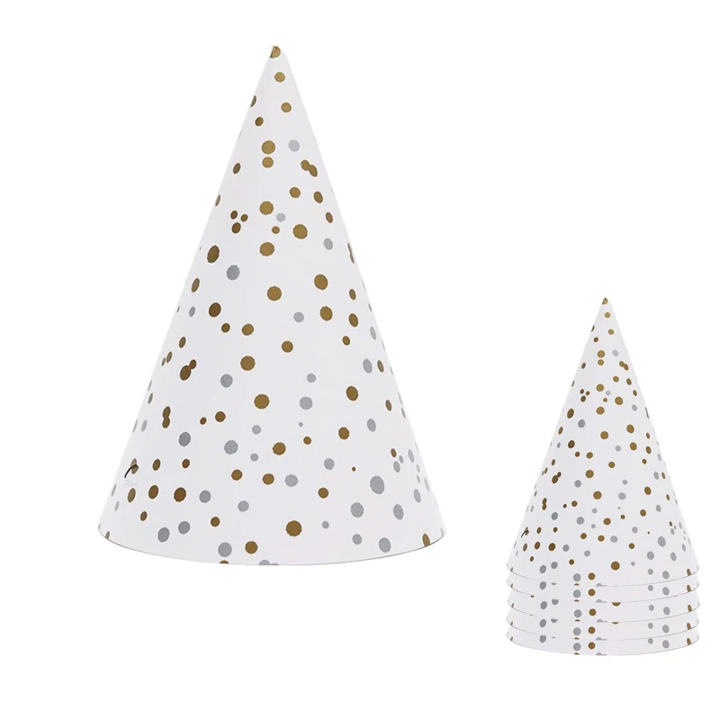 Gold and Gray Polka Dot Birthday Party Paper Cone Hats/.