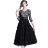 Wholesale In Stock Women New Fashion V Neck Long Sleeve Belt Included Lace Patchwork Black Feather Dress