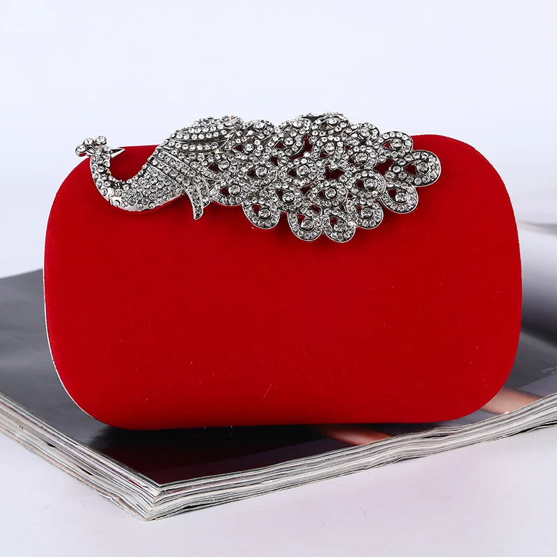 

Factory direct wholesale brand new velour clutches crystal phoenix metal frame evening bag for women party prom wedding banquet, Red,black,blue,purple,rose/customized colors