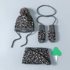 fashionable for kid Leopard jacquard warm beanie hat with pom pom scarf gloves