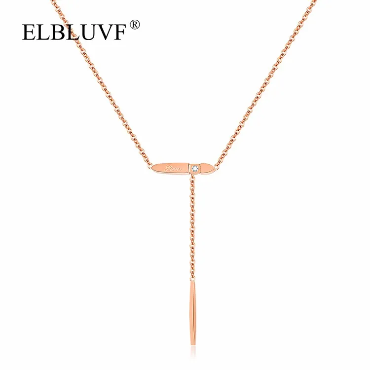 

ELBLUVF Stainless Steel jewelry Rose Gold Plating Zircon Long Bar Dangle Pendant Necklace Wholesale For Women