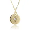 14K Gold Plated Necklace CZ Paved Round Compass Pendant Necklace