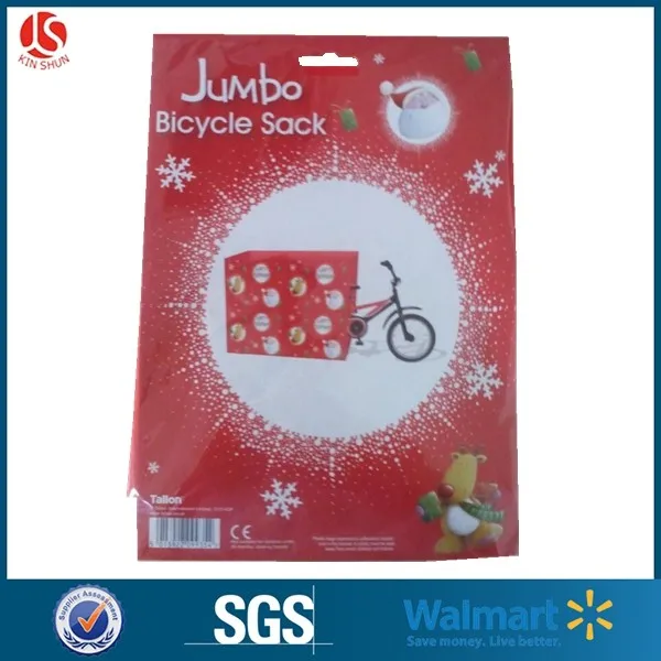 PE jumbo bicycle gift printed santa claus sack pack of header card PE jumbo bicycle gift printed santa claus sack pack of header card
