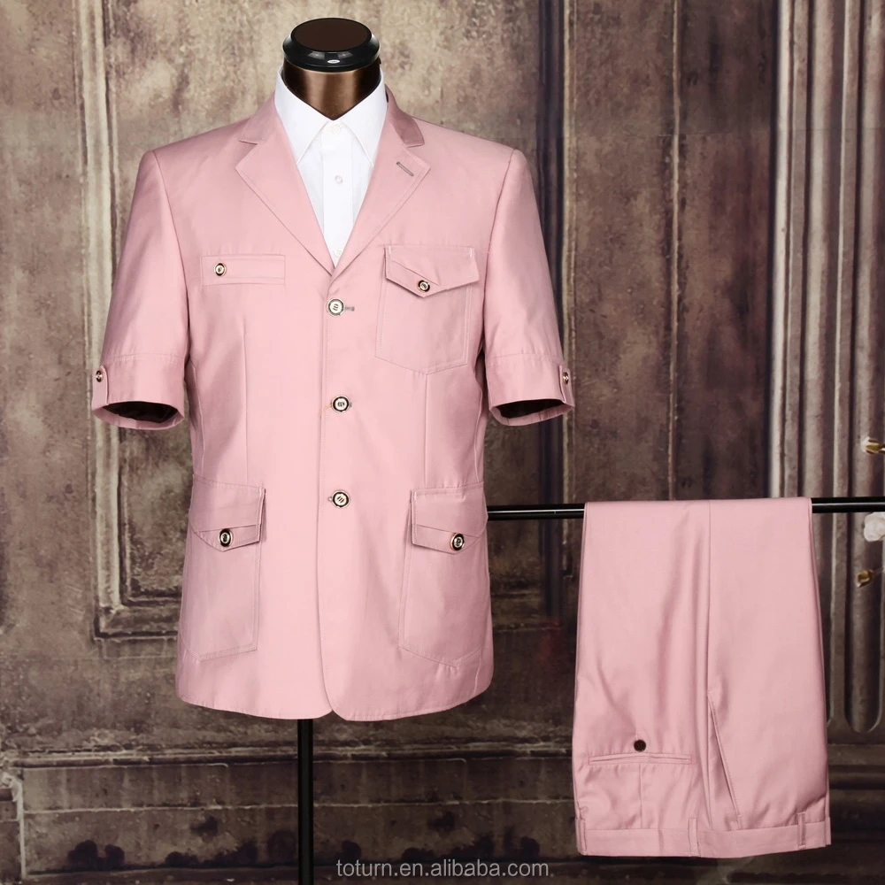 Mens pink beautiful short sleeve suit indian design safari suit