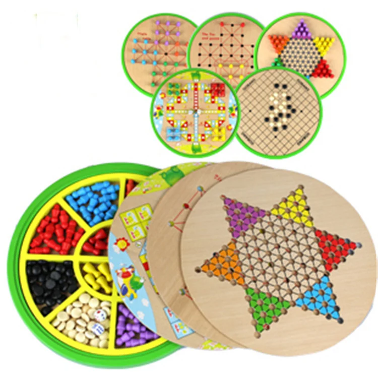5 in 1 Backgammon Chinese Checkers Ludo game Goose game with wooden board