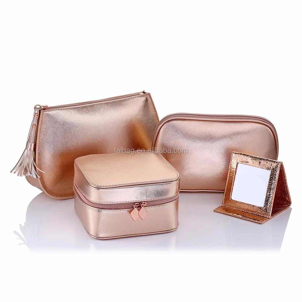Custom Travel Makeup Pouch Pu Leather Pouch Case Rose Gold Cosmetic Bag