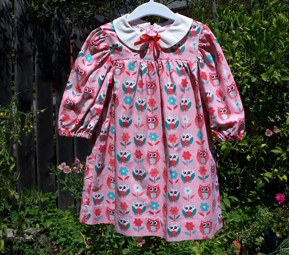 Yiwu mayflower moda al por mayor del bebé frock diseño búho rosado impreso niña clásico de manga larga para el otoño