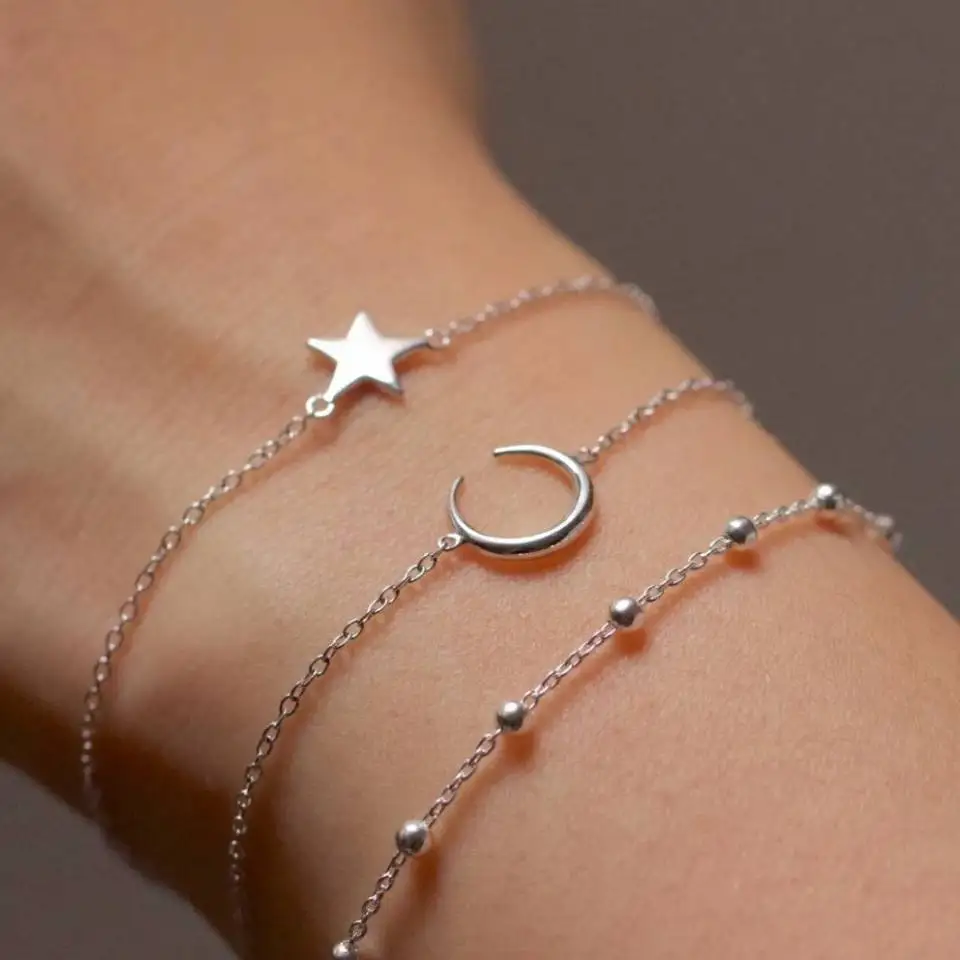 3pcs/set 2019 New Designs Fashion Alloy Bracelet Jewelry Simple Gold Sun Moon Star Bracelet Set Women, Silver 
3pcs/set 2019 New Designs Fashion Alloy Bracelet Jewelry Simple Gold Sun Moon Star Bracelet Set Women, Silver