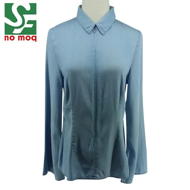 zipper design long sleeve shirt women denim blouse