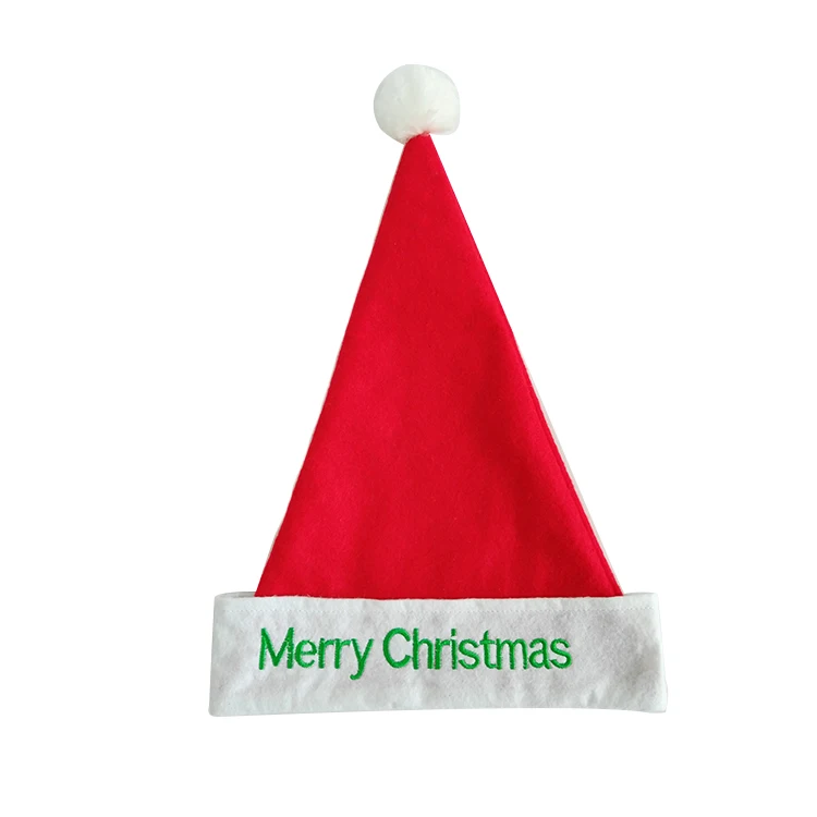 red non-woven christmas hat, embroidered green merry christmas
