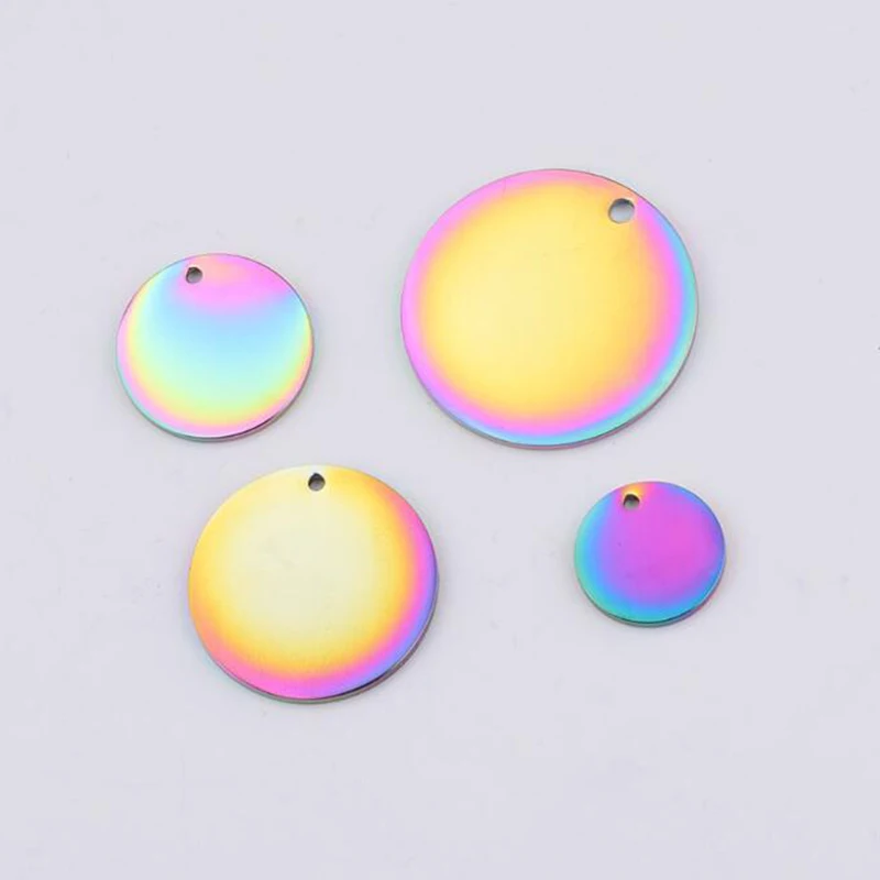 

Blank Stamping Engraved Logo Mirror Polished Pendant 25mm 15mm 12mm Stainless Steel Rainbow Color Round Charms