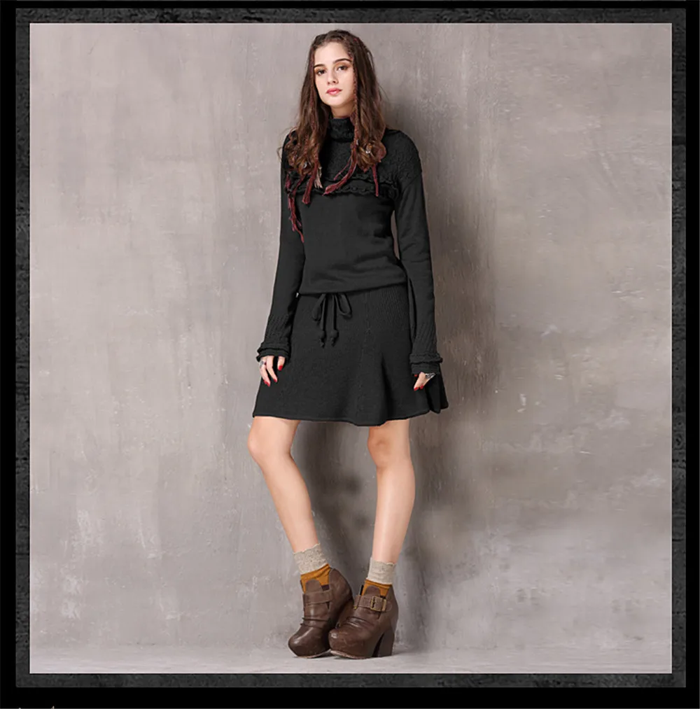 Vintage Knitted Winter Dress For Women 2017 New Cotton Wool Vestidos Turtleneck Ruffles String Waist A-line Women Dresses (19)
