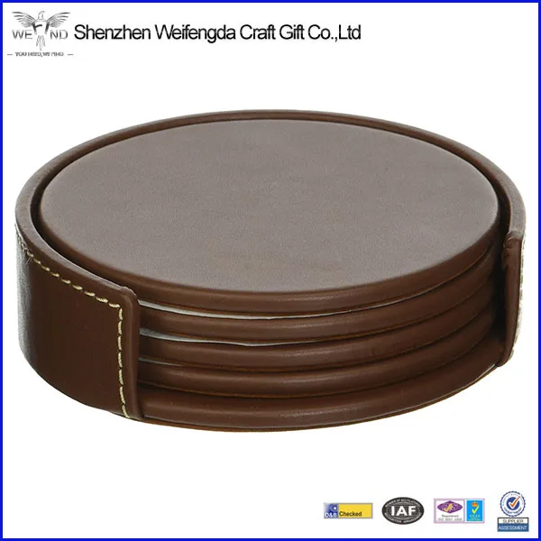 cheap brown leather 4 <strong>round</strong> coaster set custom logo