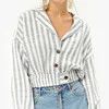 Simple Cotton Stripe Printed Short Blouse Tightness Shirt with Loose Shoulders and Long Sleeves