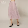 Pink Hollow Out and see through Lace Mesh Tulle Midi Pleated Flare Women Skirts