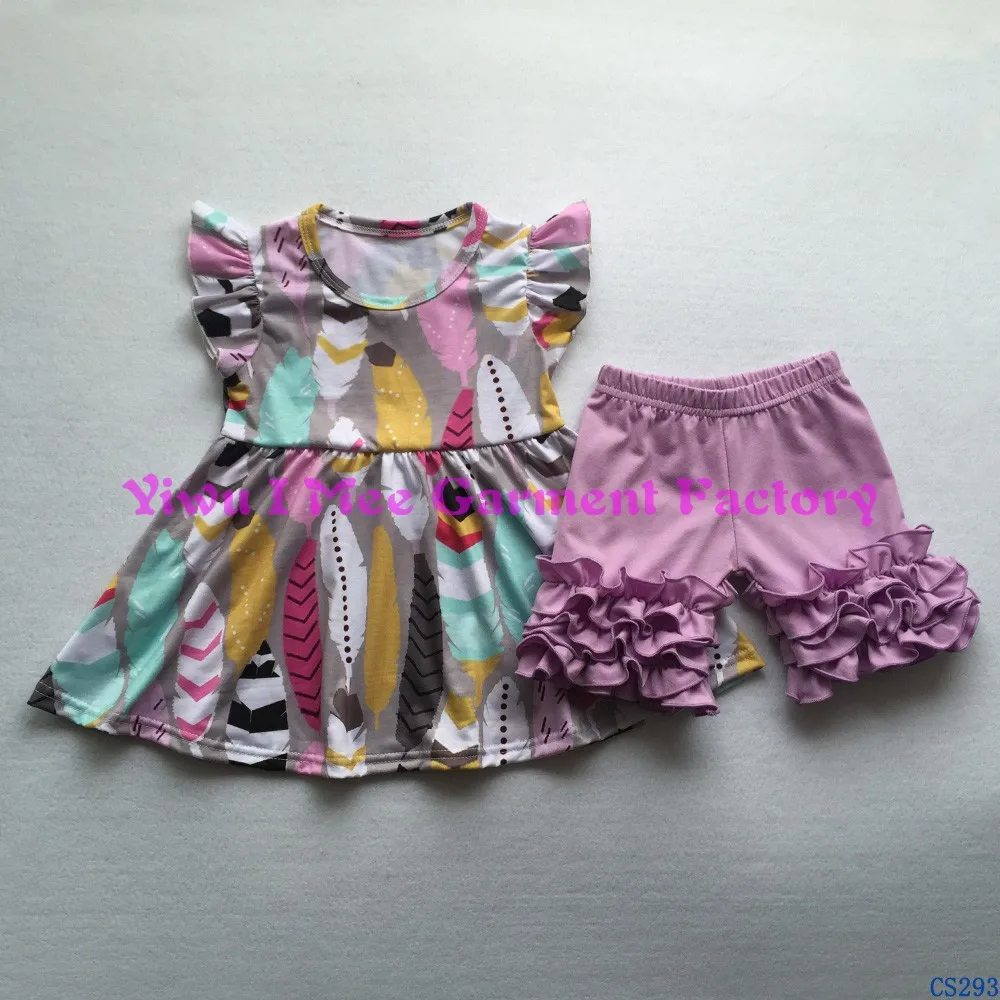 Hot Sale Summer Toddler Girls Boutique Clothing Kids Feather Print Pearl Dresses with Cotton Icing Shorts Outfits Sets CS293