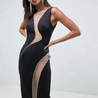 Women stylish clothing sleeveless black and mesh detail midi bodycon dress