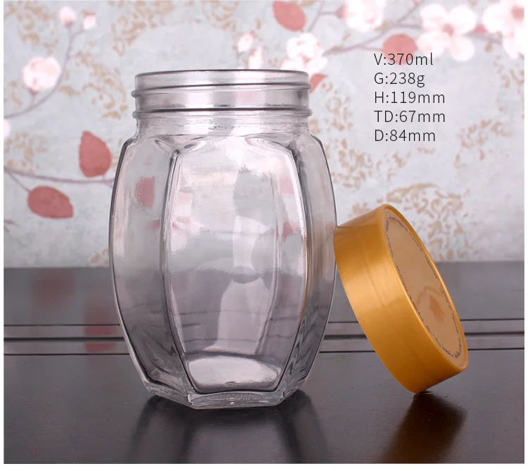 New arrival 370ml Glass Honey Jar Hexagonal Food Packaging Glass Jars