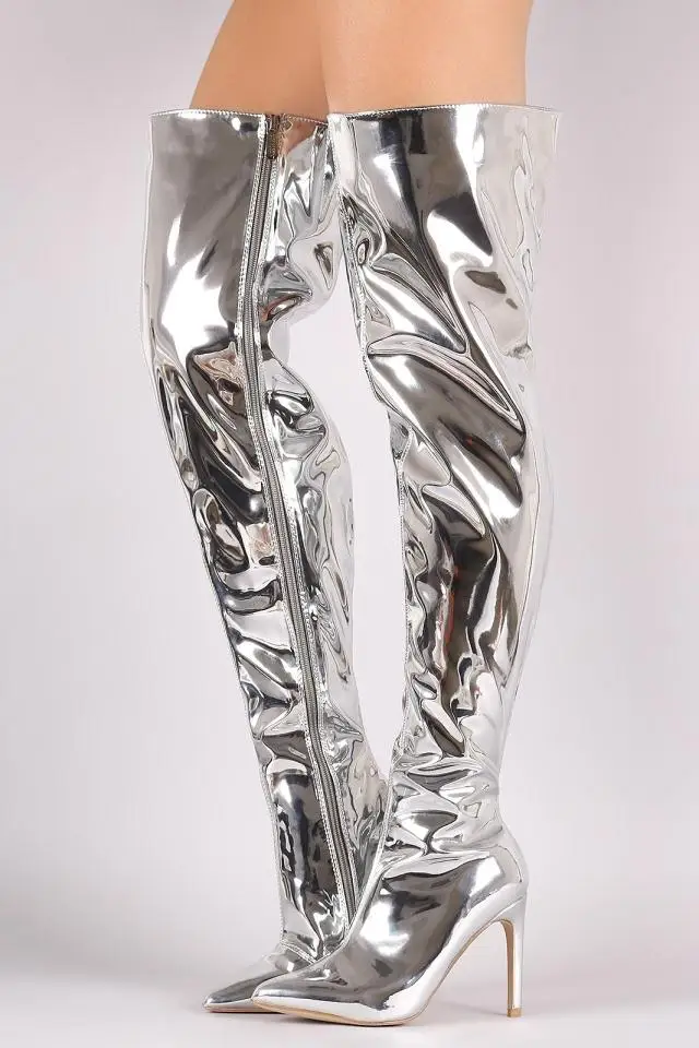 silver metallic knee high boots