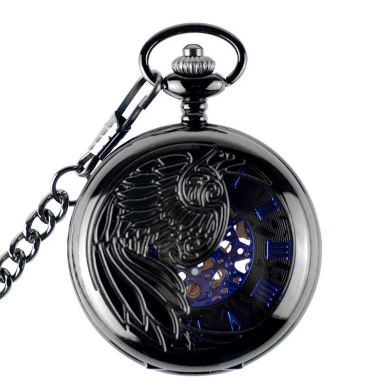 

Black Steampunk Skeleton Pendant Hand Wind Mechanical Pocket Watch Men Antique Luxury Retro Fob Watches Chain Male Clock