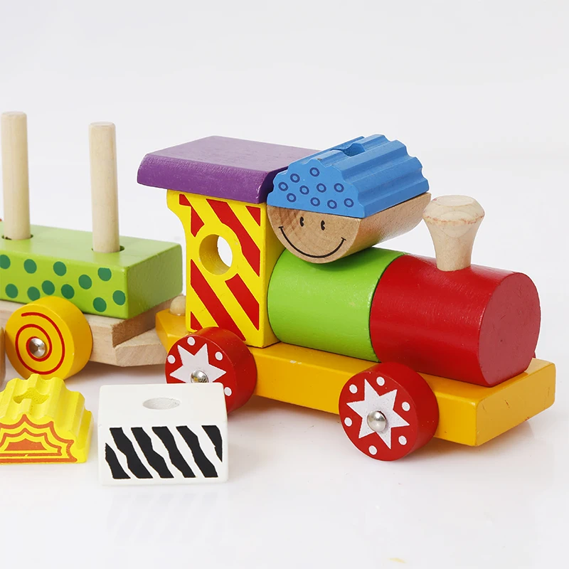 wholesale top quality kids assembling wooden building blocks train set educational toy