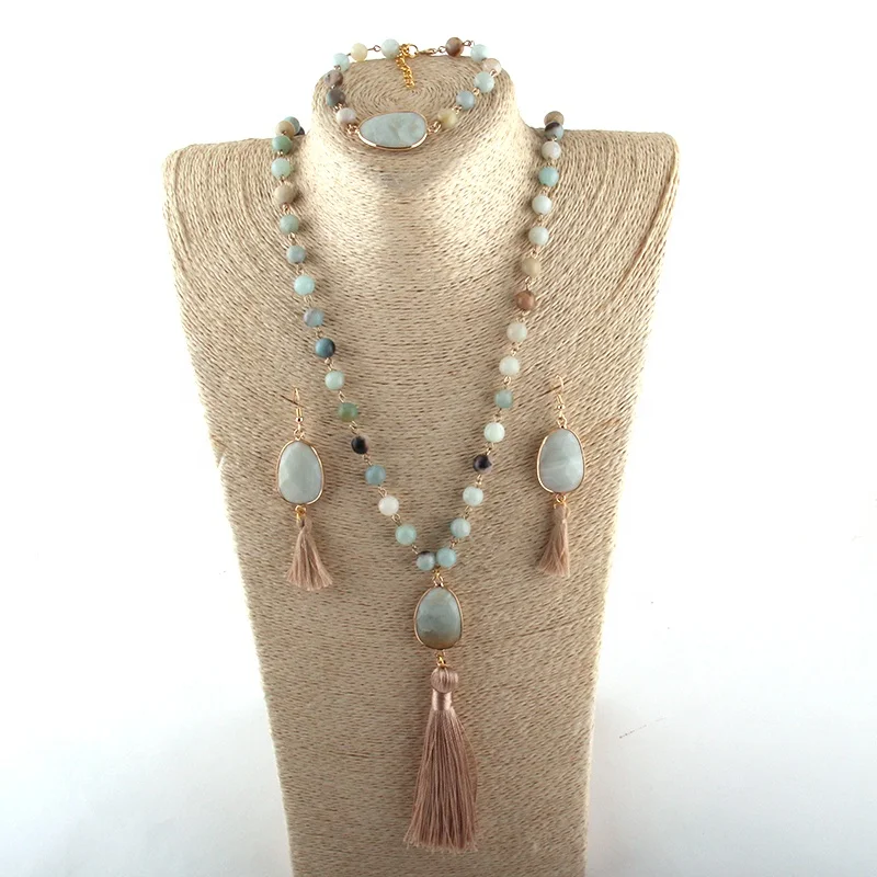 8mm Natural Stone Rosary Chain Stone Link Tassel Necklace Bracelet Earring set Amazonite jewelry set, Matt or shiny stone
8mm Natural Stone Rosary Chain Stone Link Tassel Necklace Bracelet Earring set Amazonite jewelry set, Matt or shiny stone