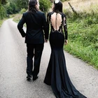Sexy Black Mermaid Wedding Dress China Long Sleeve Illusion Back Lace Bride Dress Wedding Ladies Gowns