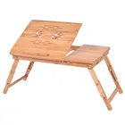 Bamboo Portable Folding Laptop Desk Computer Notebook Table Stand Tray for Sofa Bed with Adjustable Legs and Side Drawer