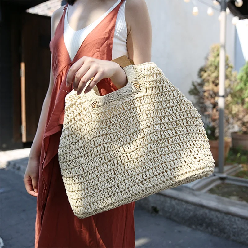 Vintage Paper Straw Crochet Handbags Large Capacity Shopping Beach Tote Bag Women Lady Summer Casual Dress Bag with Wood Handle
Vintage Paper Straw Crochet Handbags Large Capacity Shopping Beach Tote Bag Women Lady Summer Casual Dress Bag with Wood Handle