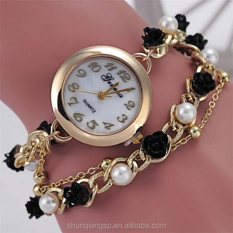 Hot Sell Fashion Black Flower Pearl Spacer Bracelet Watch