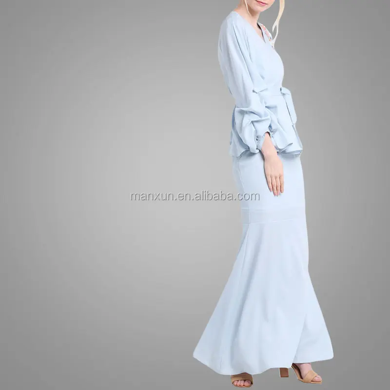Kebaya Beaded Long Puff Sleeve Kurung  2017 Muslim Dress Light Blue Baju Kurung And Baju Melayu 