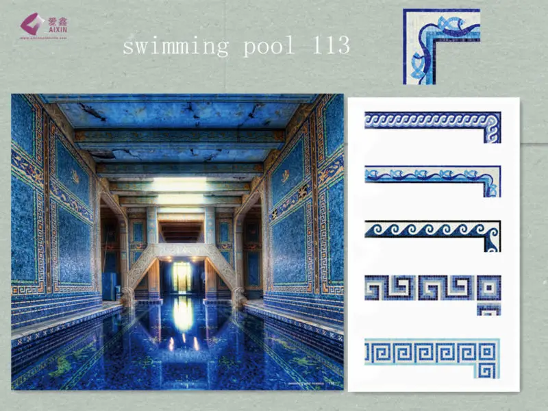 Porcelain Blue Greek Key Boarder Swimming Pool Tiles Blue Ceramic 