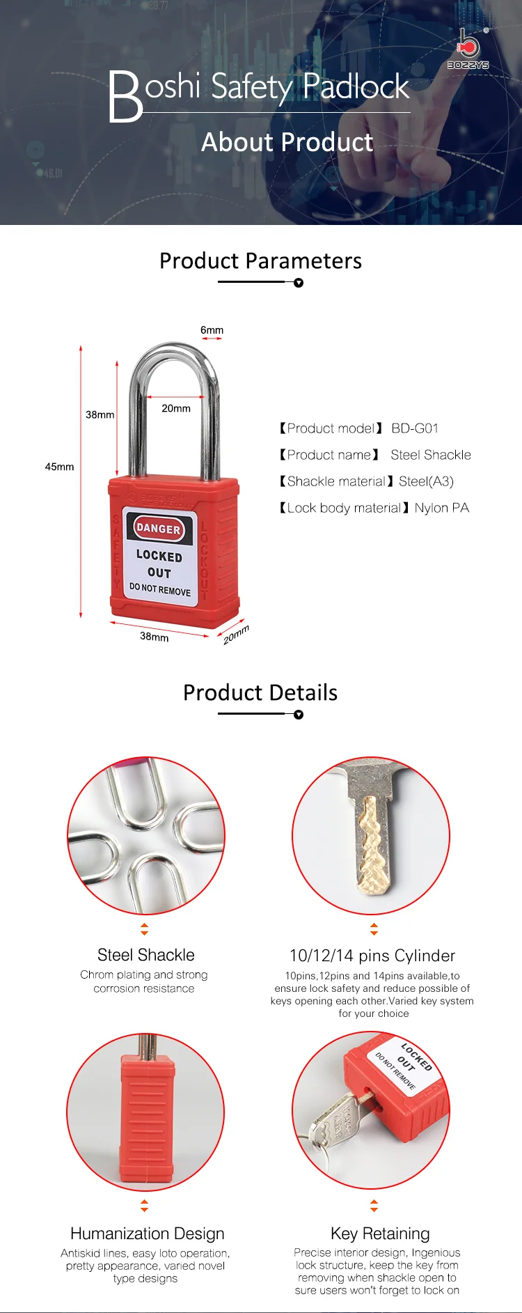 38mm Metal Shackle Osha Safety Padlock With Key Differ And Key Different
