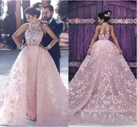 

ZH1096X Luxury Pink Lace Appliques High Neck Glamorous Illusion Arabic Prom Dresses 2019 Luxury Detachable Formal Evening Gowns