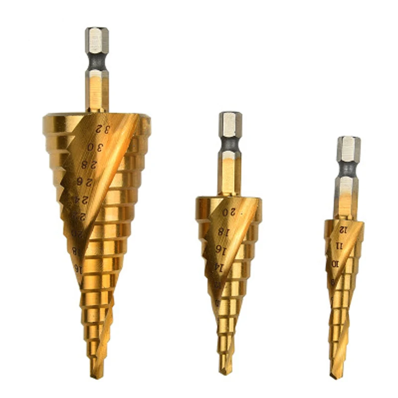 04 MPT 3Pcs HSS Spiral Grooved Center Drill Bit Pagoda Shape Hole Cutter 4-32 4-20 4-12mm Carbide Titanium Step Cone Drill Bit Set