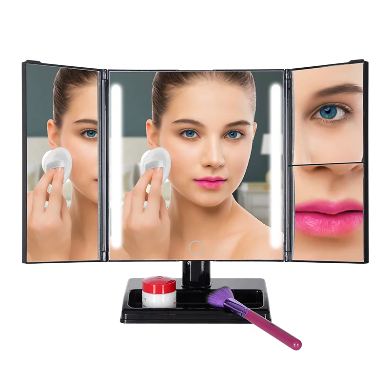 Tri Folded Touch Screen LED Makeup Mirror With Foldable Stand, White/black/customized
Tri Folded Touch Screen LED Makeup Mirror With Foldable Stand, White/black/customized