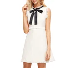 Top fashion high quality Ladies White Bow Tie Neck Frayed Trim Tweed Dress