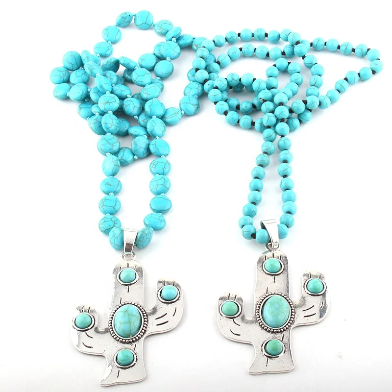 

Fashion Bohemian Jewelry Flat Turquoise blue Stone Necklace Cactus Pendant Necklace