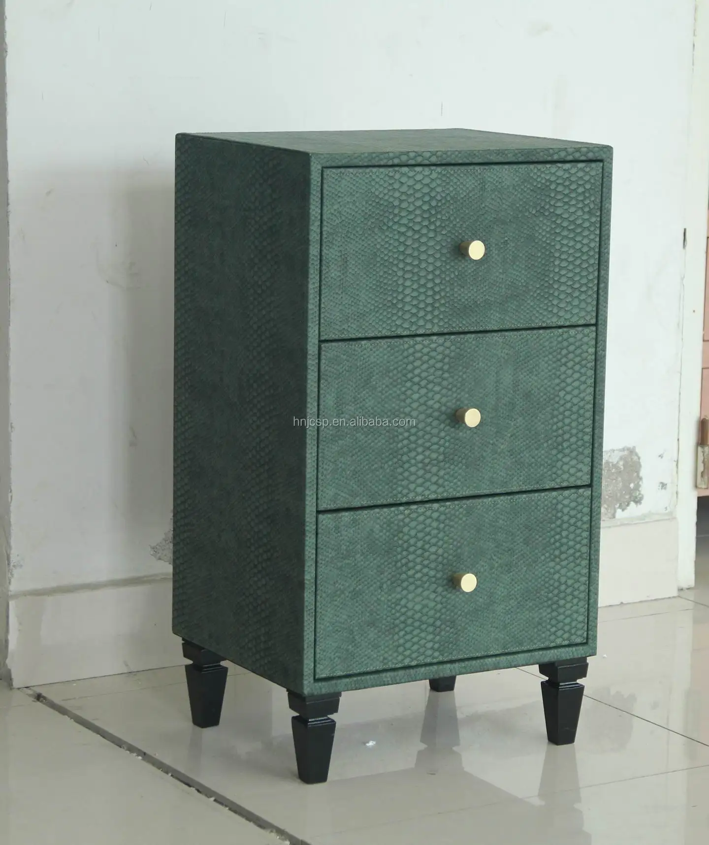 Antique Dark Green Leather Chest Of 3 Drawers With Wooden Legs For
